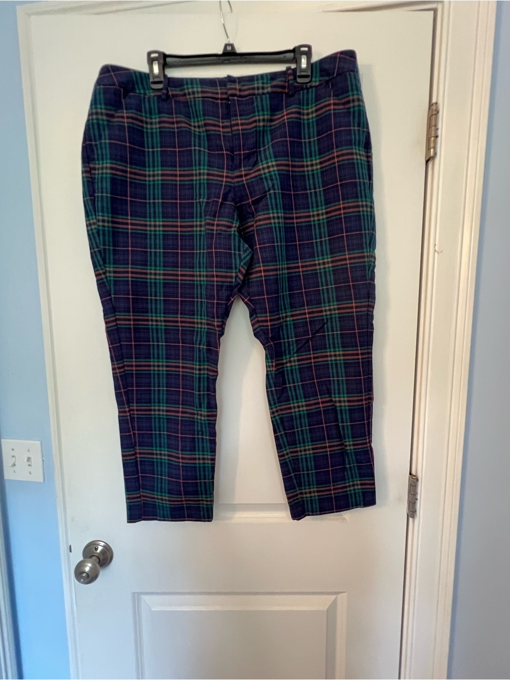 Plaid Stretch Cotton Blend women’s crop Pants - Blue/Green